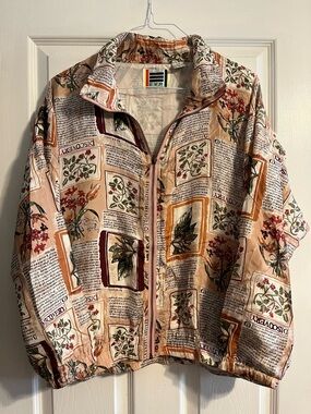 VTG EVR 100% Silk Floral Bomber Jacket L Botanical Discovery Newspaper Print